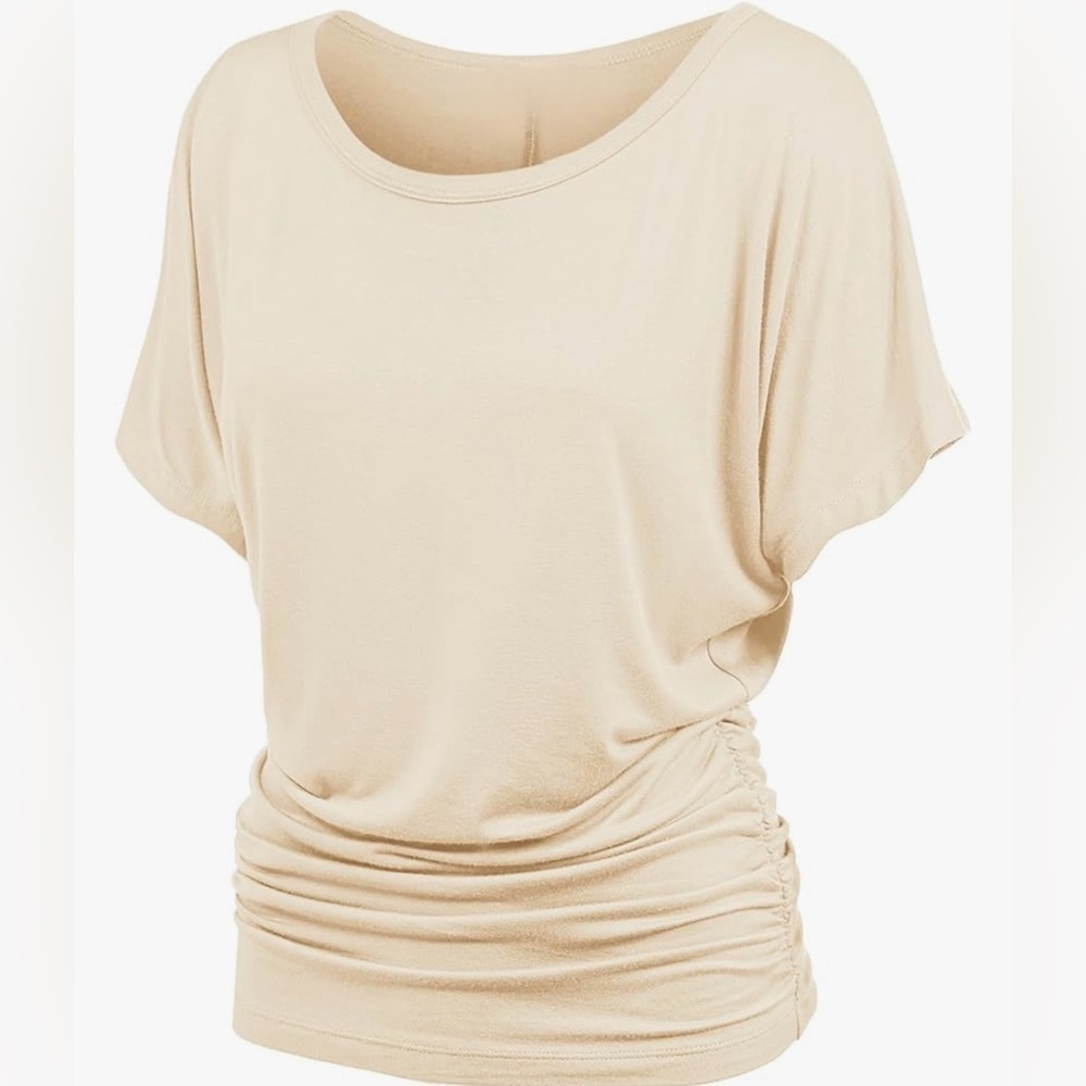 Casual Solid Short Sleeve Boat Neck Dolman Top with Side Shirring -cream